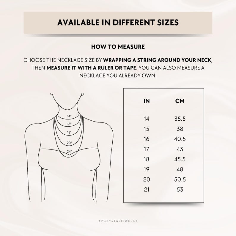 Puede incluir: Una gu&iacute;a de tallas de collar con un dibujo lineal de un cuello y hombros con cinco longitudes de collar conc&eacute;ntricas marcadas como 14, 16, 18, 20 y 24 pulgadas. Una tabla enumera las tallas en pulgadas y cent&iacute;metros. Texto: AVAILABLE IN DIFFERENT SIZES.