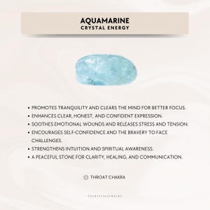 K&ouml;nnte beinhalten: Ein glatter, hellblauer Aquamarin-Stein &uuml;ber dem Text AQUAMARINE CRYSTAL ENERGY, gefolgt von einer Liste mit sechs Aufz&auml;hlungspunkten zu seinen Eigenschaften sowie dem Text THROAT CHAKRA mit einem kleinen runden Symbol am unteren Rand.