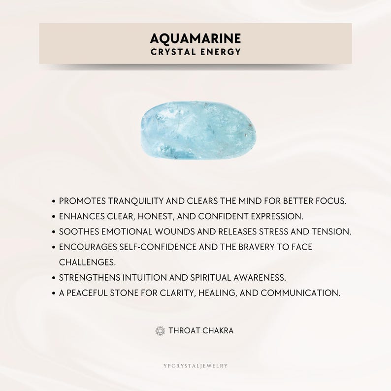 K&ouml;nnte beinhalten: Ein glatter, hellblauer Aquamarin-Stein &uuml;ber dem Text AQUAMARINE CRYSTAL ENERGY, gefolgt von einer Liste mit sechs Aufz&auml;hlungspunkten zu seinen Eigenschaften sowie dem Text THROAT CHAKRA mit einem kleinen runden Symbol am unteren Rand.