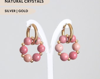 Pink rhodonite hoop earrings Crystal dangle dainty earrings Circle gemstone charm earrings Stainless steel cute aesthetic earrings Mom gift