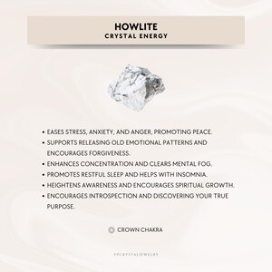 May include: White Howlite crystal with grey veins. Howlite is a crystal known for its calming energy and is associated with the crown chakra. It is said to promote peace, reduce stress, and enhance sleep.