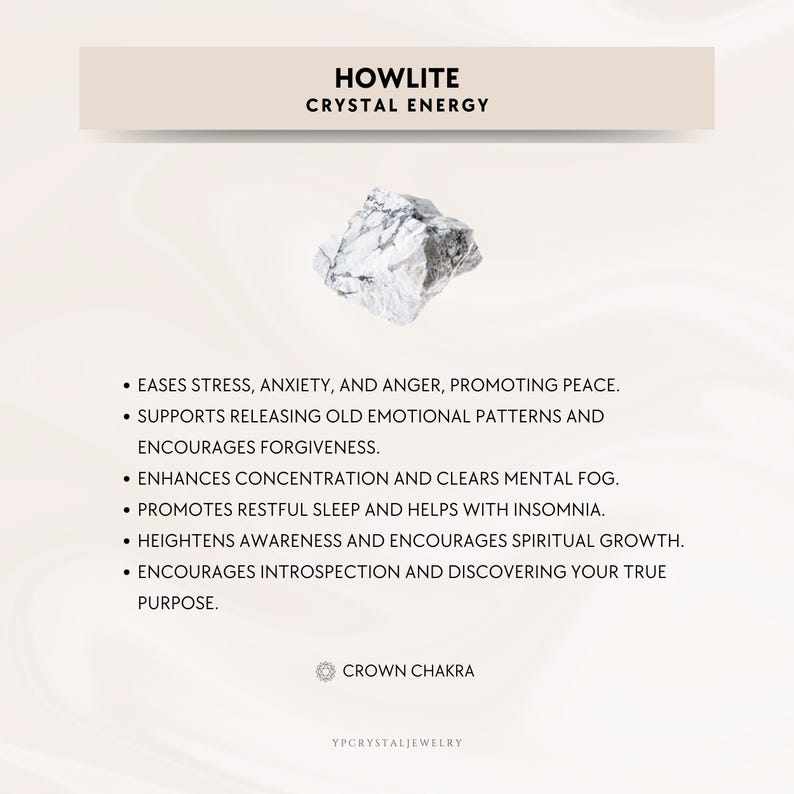 May include: White Howlite crystal with grey veins. Howlite is a crystal known for its calming energy and is associated with the crown chakra. It is said to promote peace, reduce stress, and enhance sleep.
