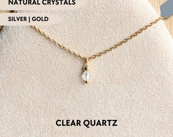 Tiny clear quartz necklace Fine crystal necklace Dainty gemstone choker Natural stone pendant necklace Custom gift for mom Gemstone jewelry