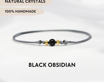 Black obsidian bracelet Minimalist anklet bracelet Protection stone bracelet Crystal bead bracelet Dainty boho bracelet Gift for friend