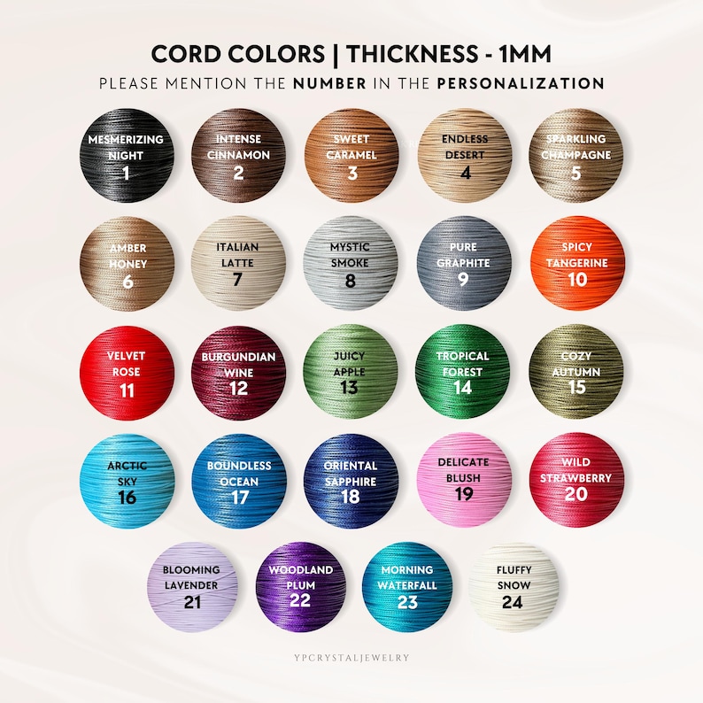 May include: A chart of 24 different cord colors with their corresponding numbers. The cord colors are arranged in a grid of 5 rows and 5 columns. The cord colors include: Mesmerizing Night, Intense Cinnamon, Sweet Caramel, Endless Desert, Sparkling Champagne, Amber Honey, Italian Latte, Mystic Smoke, Pure Graphite, Spicy Tangerine, Velvet Rose, Burgundian Wine, Juicy Apple, Tropical Forest, Cozy Autumn, Arctic Sky, Boundless Ocean, Oriental Sapphire, Delicate Blush, Wild Strawberry, Blooming Lavender, Woodland Plum, Morning Waterfall, and Fluffy Snow.