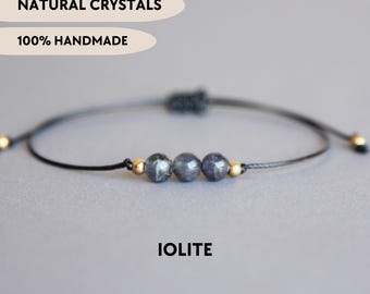 Custom iolite bracelet Natural stone jewelry Delicate crystal bracelet Adjustable string bracelet Gemstone beaded jewelry Gift for bestie
