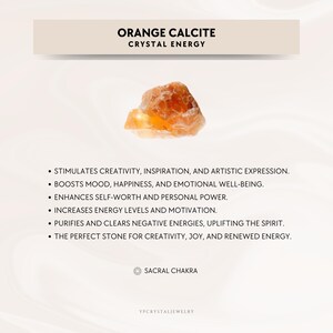 Puede incluir: Un cristal de calcita naranja en bruto sobre una lista de beneficios que incluyen estimular la creatividad y el estado de &aacute;nimo. El texto dice ORANGE CALCITE CRYSTAL ENERGY, seguido de seis puntos que detallan propiedades y SACRAL CHAKRA.