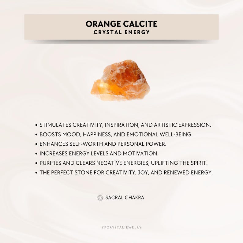 Puede incluir: Un cristal de calcita naranja en bruto sobre una lista de beneficios que incluyen estimular la creatividad y el estado de &aacute;nimo. El texto dice ORANGE CALCITE CRYSTAL ENERGY, seguido de seis puntos que detallan propiedades y SACRAL CHAKRA.