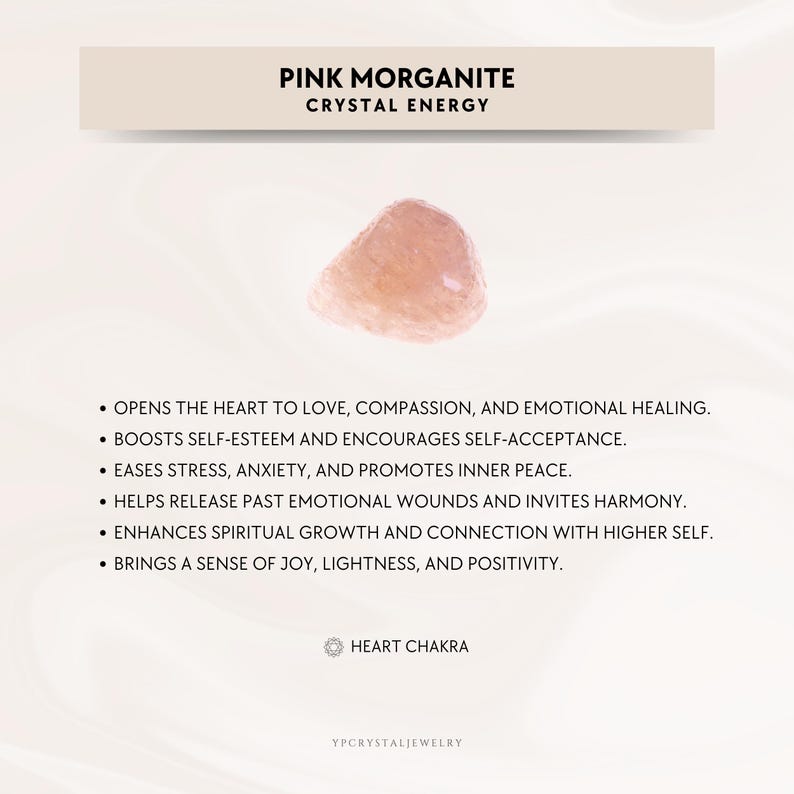 May include: A pink morganite crystal, known for its heart chakra energy, is shown on a white background. The text "PINK MORGANITE CRYSTAL ENERGY" is at the top of the image. The text below the crystal describes the healing properties of the stone, including opening the heart to love, compassion, and emotional healing, boosting self-esteem, easing stress, and promoting inner peace. The text also mentions that the stone helps release past emotional wounds, enhances spiritual growth, and brings a sense of joy, lightness, and positivity. The text "HEART CHAKRA" is at the bottom of the image, along with the text "YPCRYSTALJEWELRY".
