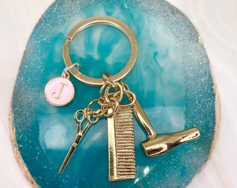 Hair Dryer and Initial Keychain Unisex Gift Personalized Hairdresser Key Ring with Scissors Hair Dryer and Initial Keychain Unisex Gift Personalized Hairdresser Key Ring with Scissors