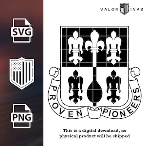 May include: A black and white digital download design featuring a shield with fleur-de-lis and a central design. The text "PROVEN PIONEERS" curves around the shield. The image includes SVG and PNG file icons, and the text "This is a digital download, no physical product will be shipped."