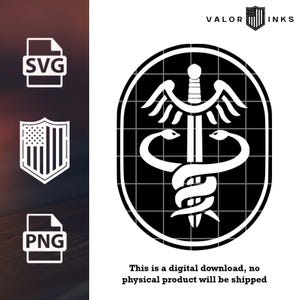 May include: Black and white digital download featuring the Caduceus symbol, a staff with two snakes and wings, inside an oval frame. Includes SVG and PNG file icons, and the text "This is a digital download, no physical product will be shipped."