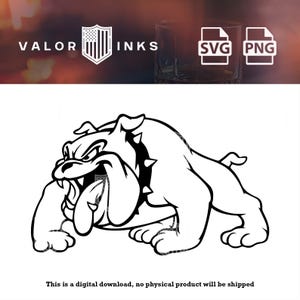 Könnte beinhalten: Schwarz-Weiß-Illustration eines Bulldoggen mit Stachelhalsband, die knurrt und die Zunge herausstreckt. Das Bild enthält den Text "VALOR INKS" und Symbole für SVG- und PNG-Dateien. Der Text "This is a digital download, no physical product will be shipped" ist ebenfalls vorhanden.