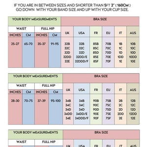 May include: A size chart for bras, showing how to determine the correct size based on waist and hip measurements in inches and centimeters. The chart includes UK, USA, French, European, Italian, and Australian sizing.