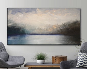 Large Cloud Landscape Oil Painting On Canvas,Extra Large Original Ocean Abstract Sea Level Painting Living Room Wall Art Decor,Texture Art