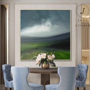 Dipinto a olio originale astratto del mare verde, dipinto originale del cielo, dipinto di texture, grande dipinto astratto dell&#39;oceano su tela, arte murale del soggiorno