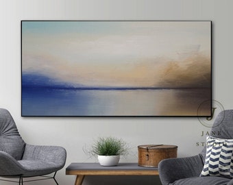 Original Blue Ocean Abstract Oil Painting On Canvas Wall Art Large Blue Sea Level Abstract Painting Original Abstract Sky Landscape Painting