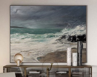 Original Gray White Ocean Landscape Abstract Painting,Huge Waves Painting,Large Ocean Canvas Painting,Large Sky And Sea Painting,Home Decor