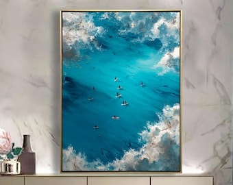 海の風景画、雲のある青い海の絵、海の絵、海のアート、手作りの油絵