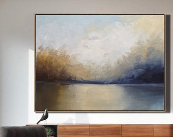 Original Abstract Sea Level Oil Painting,Blue Landscape Abstract painting,Sky Oil Painting,Large Ocean Canvas Oil Painting,Living Room Art