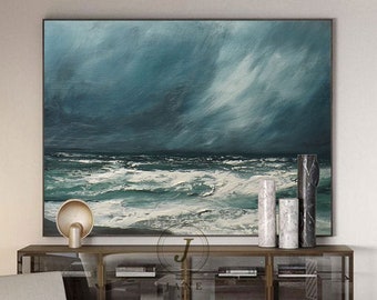 Large Wall Art Abstract Painting,Ocean Painting,Large Sky And Sea Painting,Sea Blue Level Oil Painting,Living Room Art,Ocean Canvas Painting