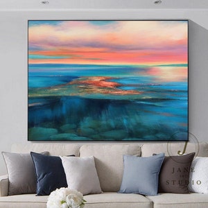 Large Original Sea Abstract Painting,Blue Ocean Landscape Painting,Red Sky Landscape Painting Canvas Abstract Original Living Room Wall Art