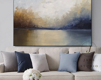 Abstract Landscape Oil Painting: Serene Sky and Reflective Water