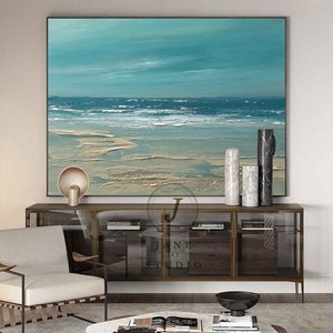 Large Blue Sky And Sea Landscape Abstract Painting, Beach Texture Painting, Ocean Art Canvas Painting, Wave Oil Painting, Living Room Art image 1