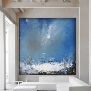 Large Sky Abstract Painting: Blue, Grey, and White Canvas Art