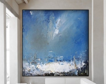 Large Sky Landscape Painting,Original Abstract Art Painting On Canvas,Blue Abstract Painting,Grey White Abstract Painting,Living Room Art