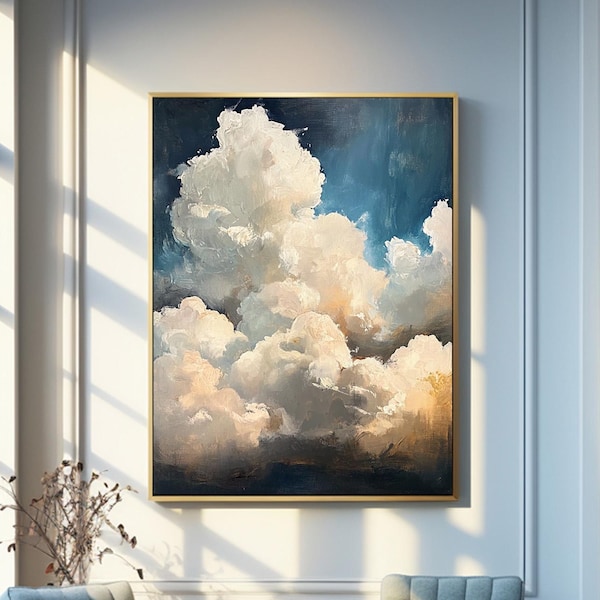 Cloud Oil Painting, Framed Art, Hand Painted Oil on Canvas, Handmade Original Painting, Cloudy Art, Blue and White Wall Art in a Gold Frame