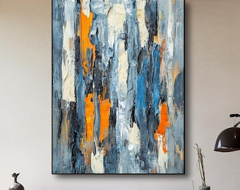 大きな青オレンジの抽象画 青の幾何学的なキャンバスの抽象画 オレンジ