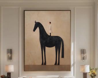 Original Equestrian Figure Oil Painting Large Surreal Horse Wall Art Neutral Textured Minimalist Canvas
