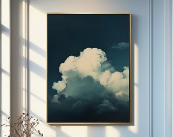 Original Cloud Oil Painting: Navy Blue Sky, White Cloud Abstract Art