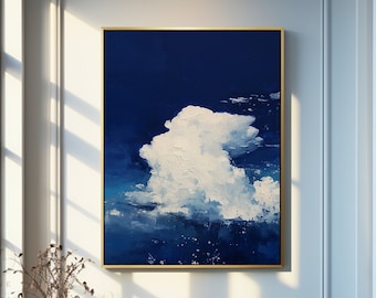Large Cloud Oil Painting: Dark Blue Sky Abstract Art