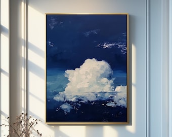 Large Cloud Oil Painting: Dark Blue Sky Abstract Art