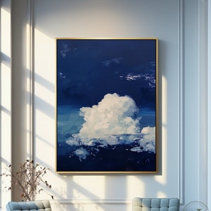 Large Cloud Oil Painting: Dark Blue Sky Abstract Art