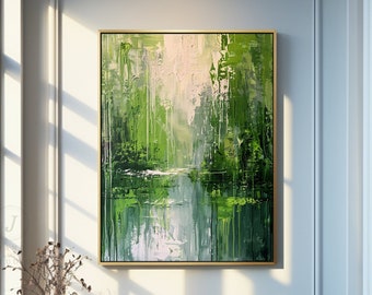 Green Abstract Landscape Painting: Beige Canvas Wall Art