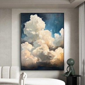 Large Cloud Oil Painting: White Abstract Cloudscape, Blue Sky Canvas Art
