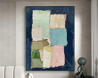 May include: Abstract painting with geometric shapes in shades of green, blue, pink, and yellow on a dark blue background.