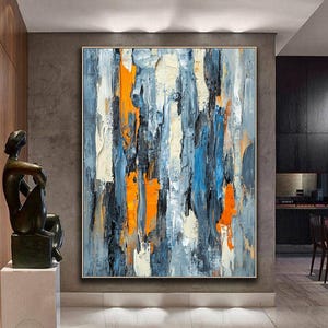Large Abstract Navy Blue and Orange Acrylic Painting: Contemporary Wall Art