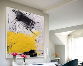 Large original abstract oil painting, minimalist abstract painting, black white painting gray, yellow painting, large canvas mural art