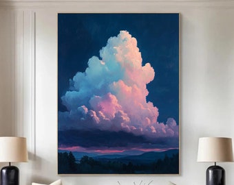 Navy Blue Cloud Abstract Wall Art,Handmade Painting On Canvas Framed,Nature Landscape Art,Modern Home Decor,Long Narrow Wall Art
