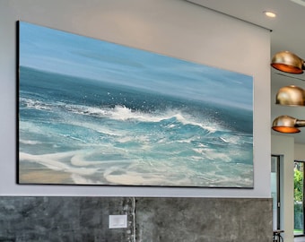 Original White Waves Landscape Abstract Painting, Large Sea Canvas Painting, Blue Sky Abstract Painting On Canvas,Sofa Wall Art Oil Painting