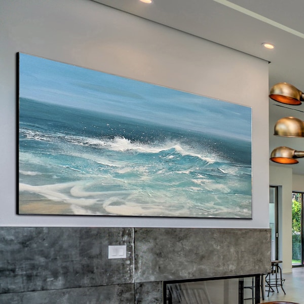 Original White Waves Landscape Abstract Painting, Large Sea Canvas Painting, Blue Sky Abstract Painting On Canvas,Sofa Wall Art Oil Painting