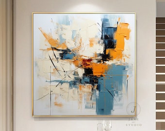 Original Abstract Colorful Oil Painting Canvas Wall Art Orange Painting Blue Painting Large Textured Wall Art Home Decor Acrylic Painting