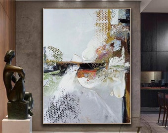 May include: Abstract painting with a white, gray, and brown color scheme. The painting features geometric shapes and textures, including a honeycomb pattern. The painting is displayed in a modern interior with a sculpture on a pedestal.