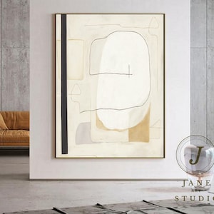 Beige Wabi Sabi Canvas Art: Black Minimalist Abstract Oil Painting