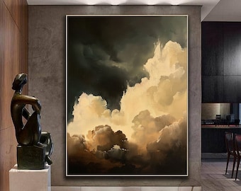 Large Cloud Painting: Gray Sky Abstract, Beige Cloud Art