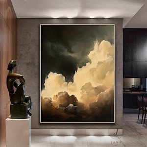 Large Cloud Painting: Gray Sky Abstract, Beige Cloud Art